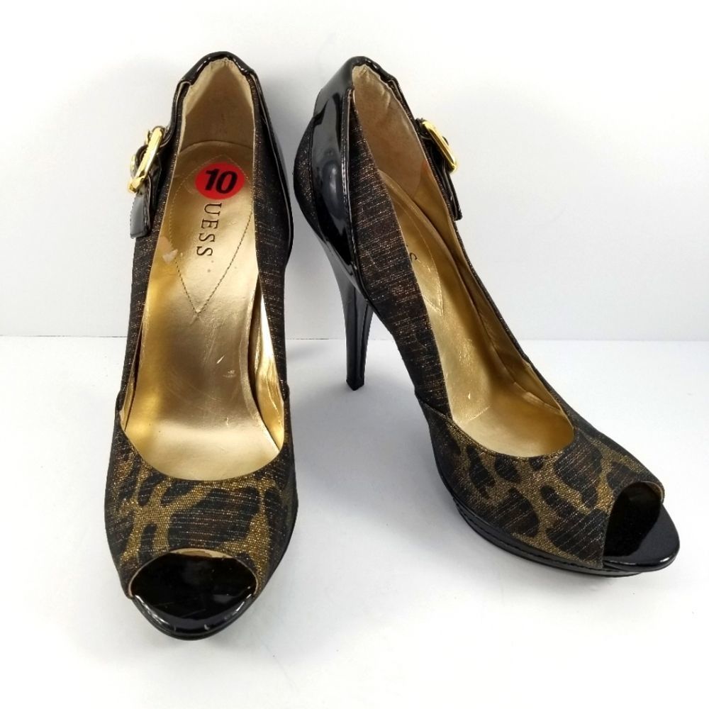 Guess Womens Leopard Print Metallic Peep Toe Platform Pumps Gold Black Size 10